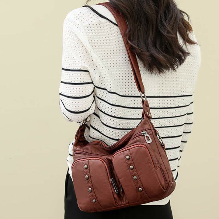 Umhängetasche mit mehreren Taschen für Damen, Retro-Nieten, Leder, Schultertasche
