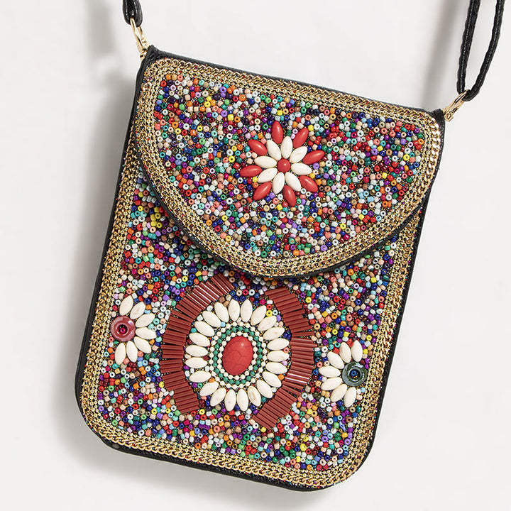 Bohemian Handytasche Damen Muschel Blumen Muster Magnetische Umhängetasche