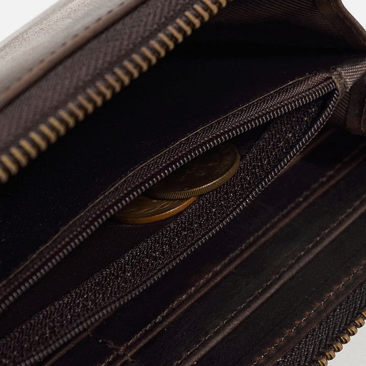 Lange Geldbörse für Herren mit RFID-Retroprägung, Leder, Handytasche