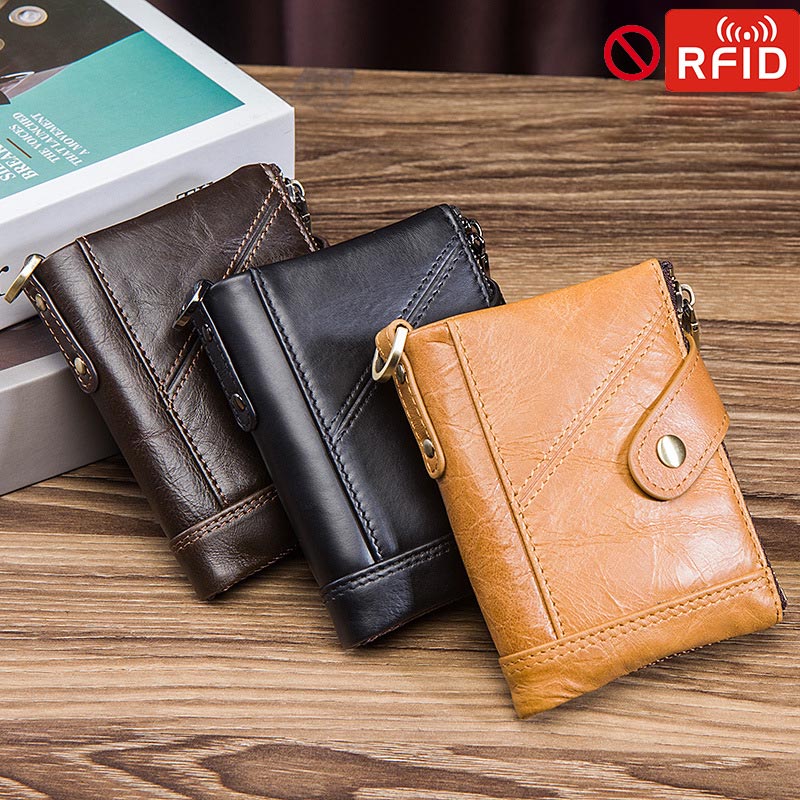 RFID-blockierende Retro-Geldbörse aus echtem Leder mit Doppelreißverschluss