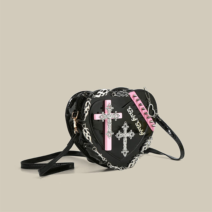 Gothic Herzform Geldbörse Damen Kreuz Nieten Umhängetasche