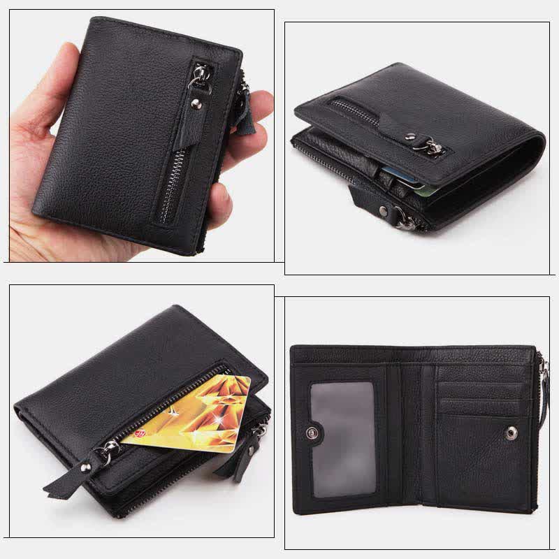 Bifold-Geldbörse für Herren aus echtem Leder mit Kartenhalter und doppeltem Reißverschlussfach