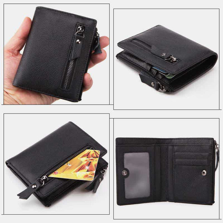 Bifold-Geldbörse für Herren aus echtem Leder mit Kartenhalter und doppeltem Reißverschlussfach