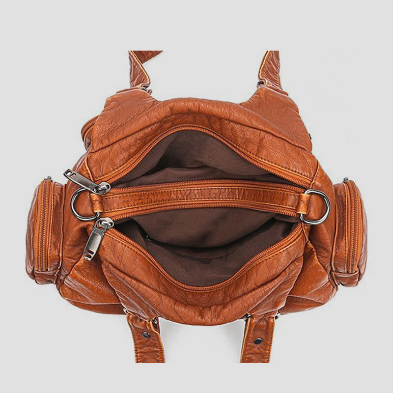 Tragetasche für Damen, Vintage, genietete Umhängetasche aus Leder mit mehreren Taschen