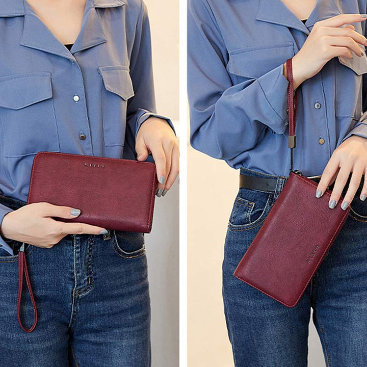 RFID-blockierende Geldbörse für Damen mit Rundum-Reißverschluss, große, lange Clutch mit Handgelenksriemen