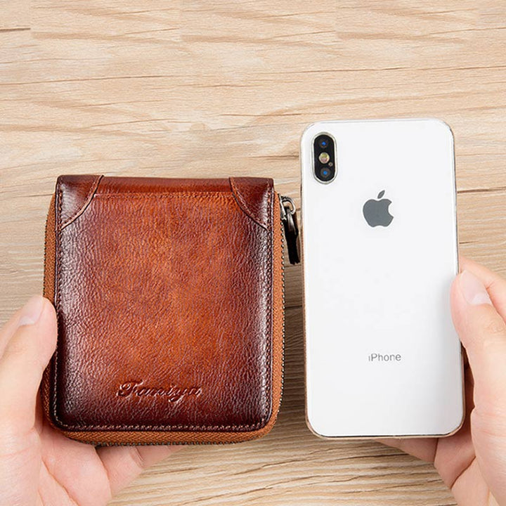 RFID-Diebstahlschutz Vintage-Geldbörse aus echtem Leder mit Reißverschluss