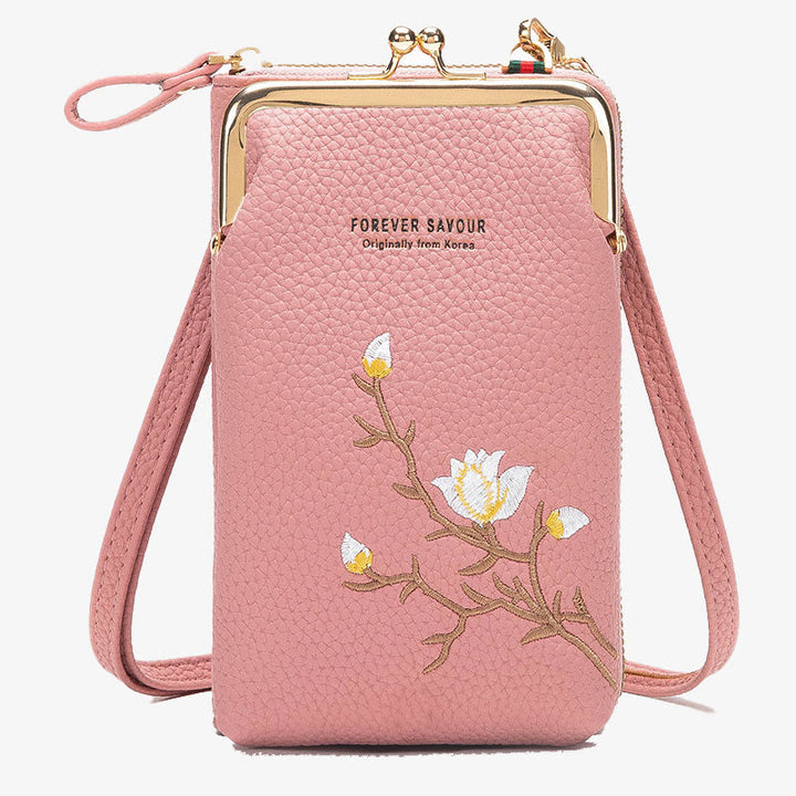 Elegante bestickte Handytasche Damen Mini Crossbody Leder Geldbörse