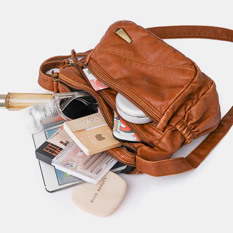 Umhängetasche aus weichem Leder mit zwei Fächern, Retro-Handtasche für Damen