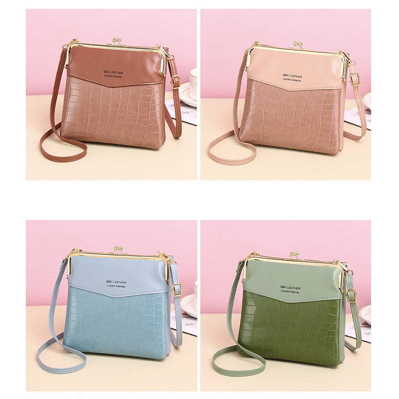 Leder-Crossbody-Handtasche für Damen mit zwei Fächern und Kiss Lock-Umhängetasche
