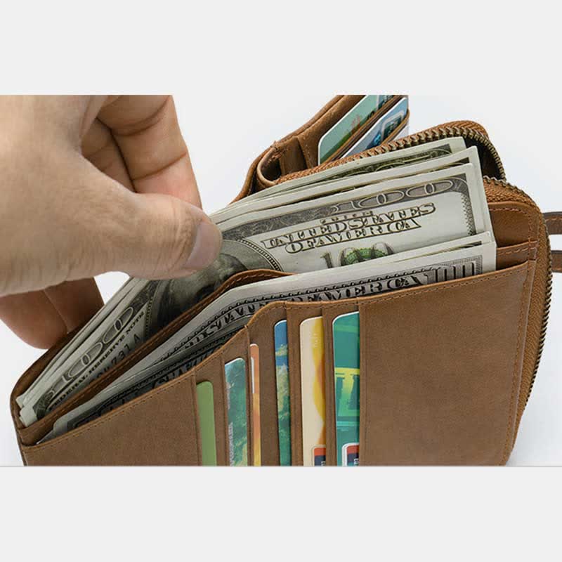 Retro-Geldbörse aus Rindsleder mit großem Fassungsvermögen für Damen und Herren mit RFID-Blockierung