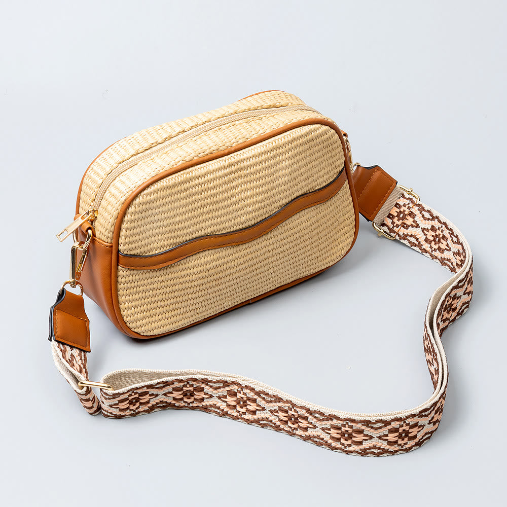 Kleine Pendlertasche für Damen, Umhängetasche aus Stroh mit breitem Riemen