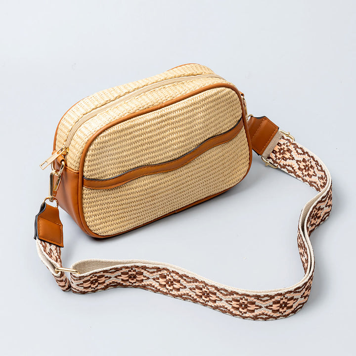 Kleine Pendlertasche für Damen, Umhängetasche aus Stroh mit breitem Riemen