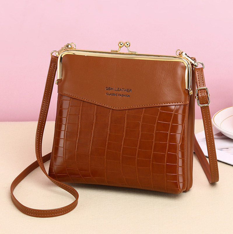 Leder-Crossbody-Handtasche für Damen mit zwei Fächern und Kiss Lock-Umhängetasche