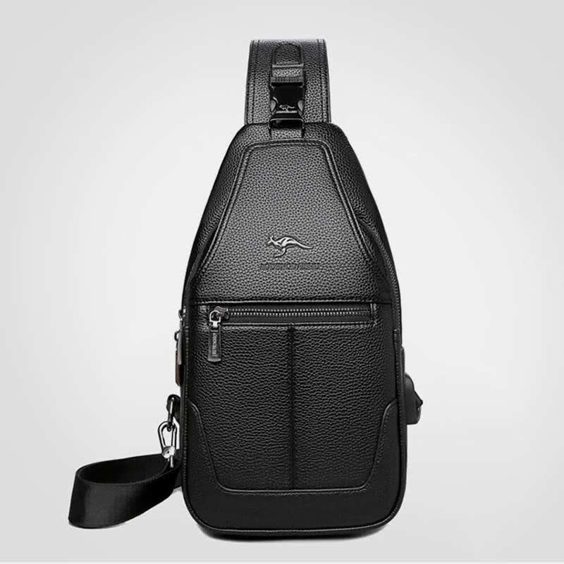 Sling-Brusttasche aus Leder mit mehreren Taschen für Männer mit USB-Ladeanschluss