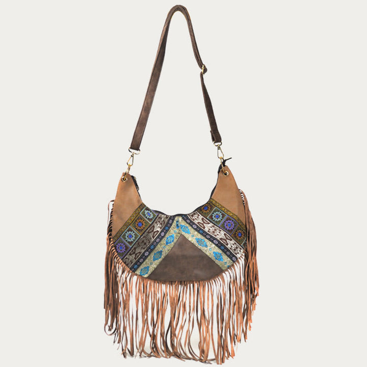 Umhängetasche für Damen, Reisetasche aus Leder im ethnischen Stil mit Quaste