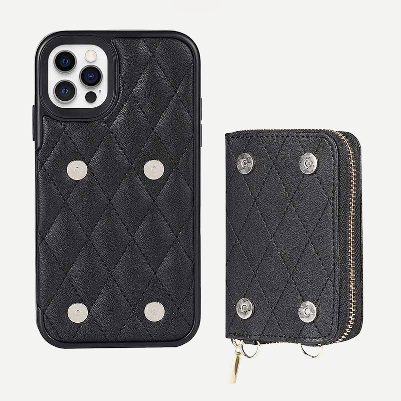 iPhone-Handyhülle, gestepptes Leder, Brieftaschen-Hülle, Kartenhalter mit Umhängegurt