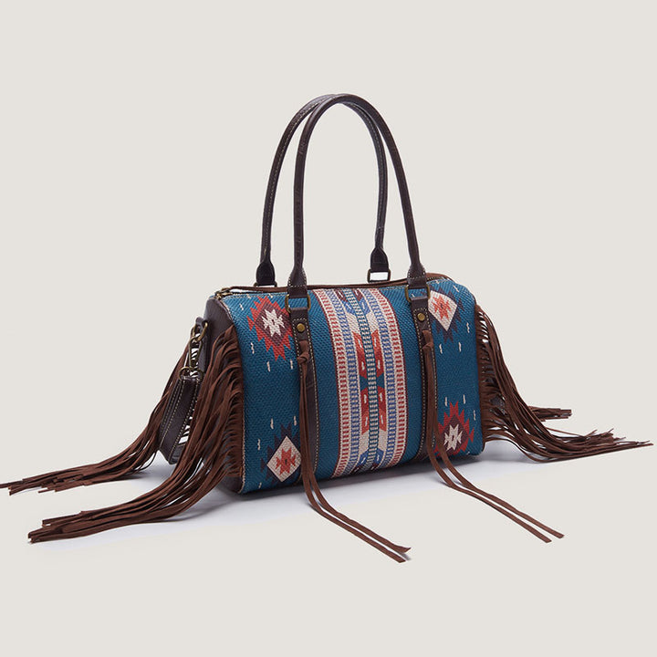 Vintage Handgewebte Boho Tote Tasche mit Quaste und Henkel und Umhängegurt