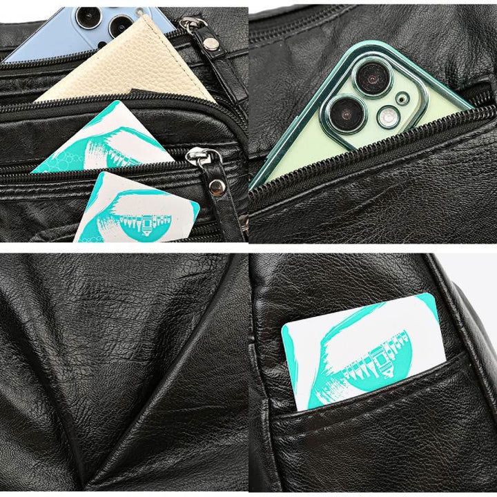 Minimalistische Ledergeldbörse mit mehreren Taschen für Damen. Organisierte Umhängetasche