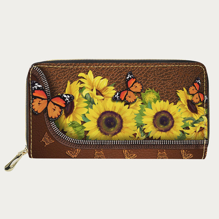 Damen-Geldbörse aus PU-Leder mit Schmetterlings- und Sonnenblumen-Muster, lange Geldbörse