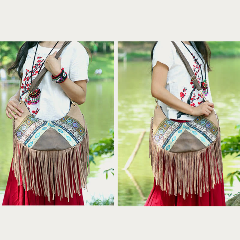 Umhängetasche für Damen, Reisetasche aus Leder im ethnischen Stil mit Quaste