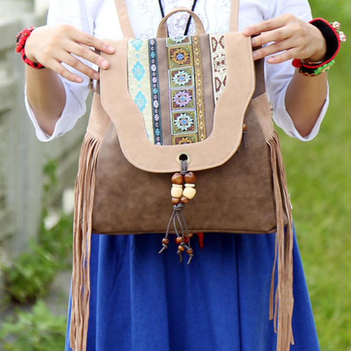 Rucksack für Damen im ethnischen Stil mit Druck und Quaste, Tagesrucksack aus Leder