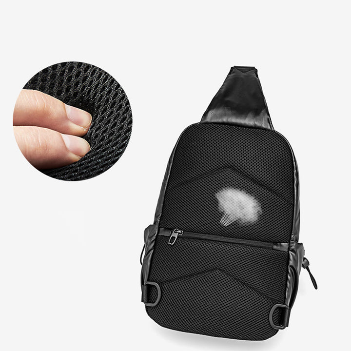 Kleine schwarze Sling-Umhängetasche für Damen und Herren, Tagesrucksack mit USB-Ladegerät