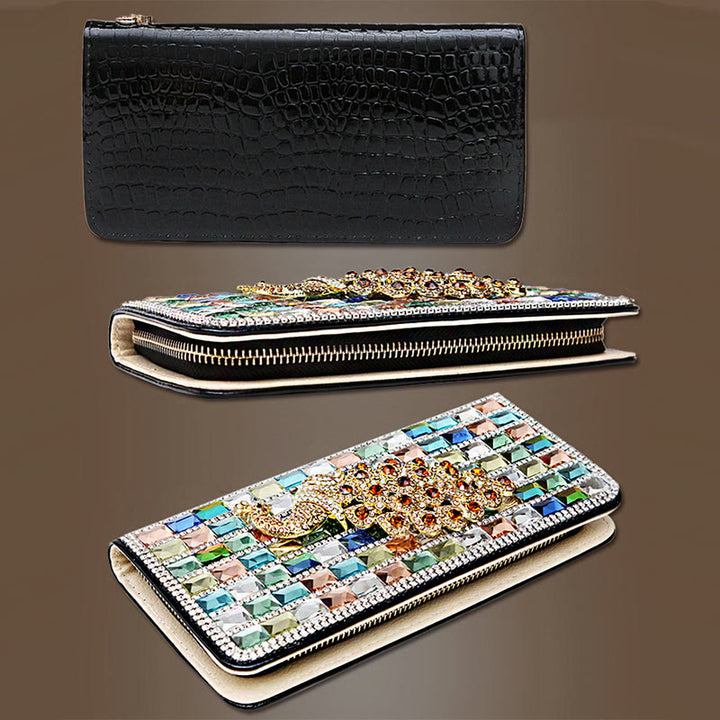 Lange Lederclutch für Damen mit Diamanten besetzte Münzbörse