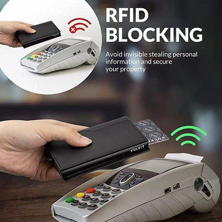 Handgefertigter Pop-Up-Kartenhalter aus echtem Leder mit RFID-Blockierung