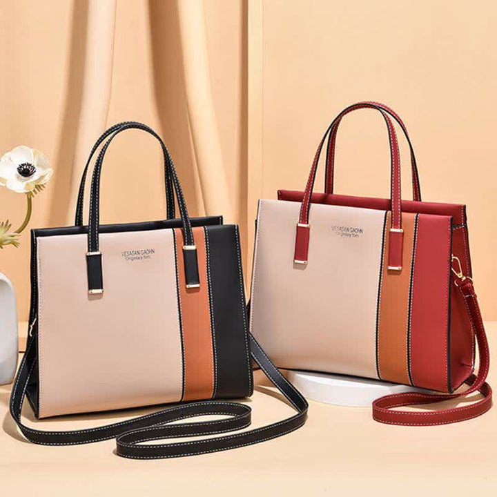 Damen Handtasche aus Leder mit Henkel, modisch, mit Farbblock-Muster, Umhängetasche