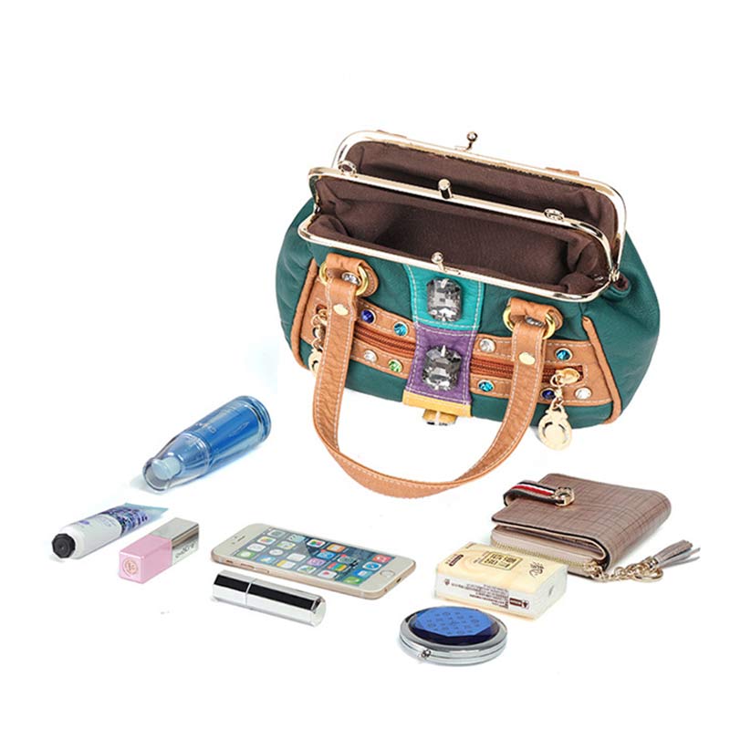 Retro Doppellagige Kiss-Lock Schulterhandtasche Party Abendtasche mit Umhängekette