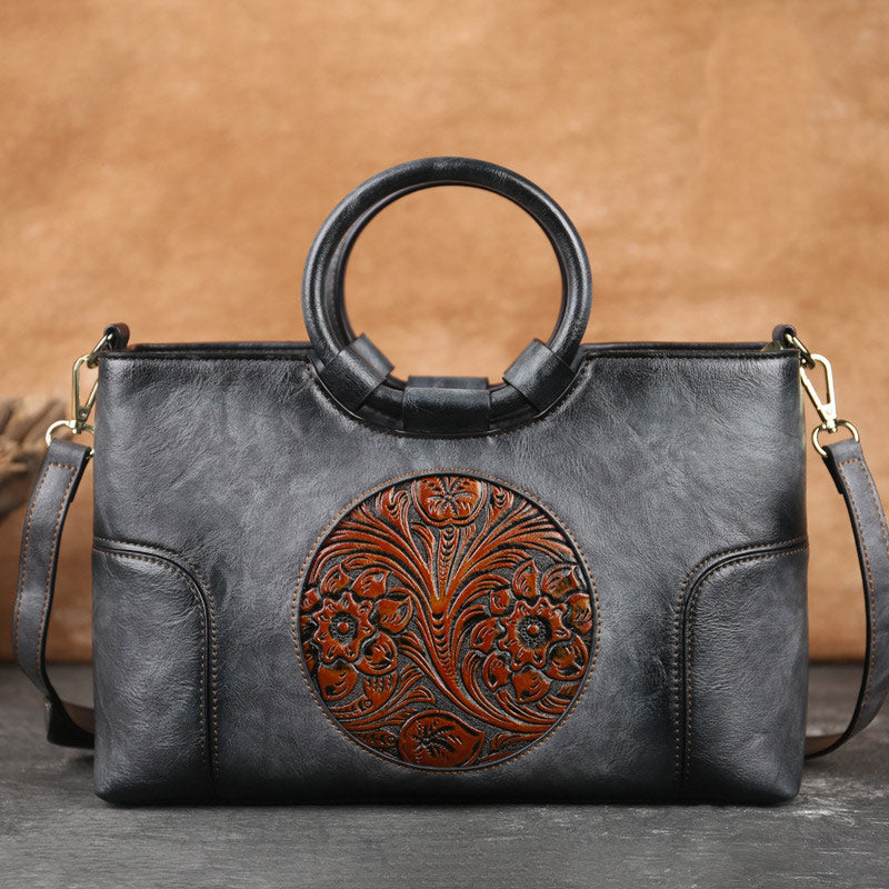 Luxuriöse Top-Henkeltasche mit Vintage-Prägung und Blumenmuster