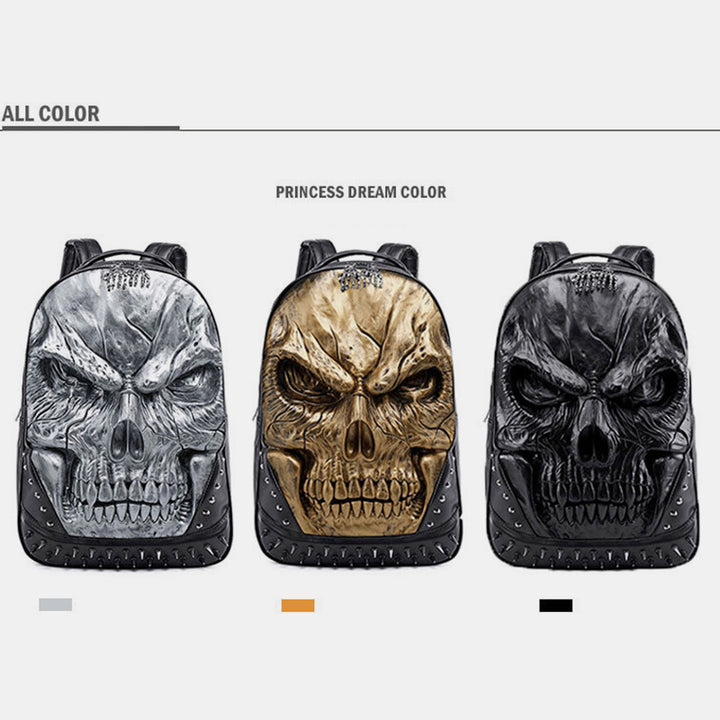 3D Totenkopf Punk Nieten Leder Rucksack Wasserdicht Geprägte Geister Kopf Knapsack