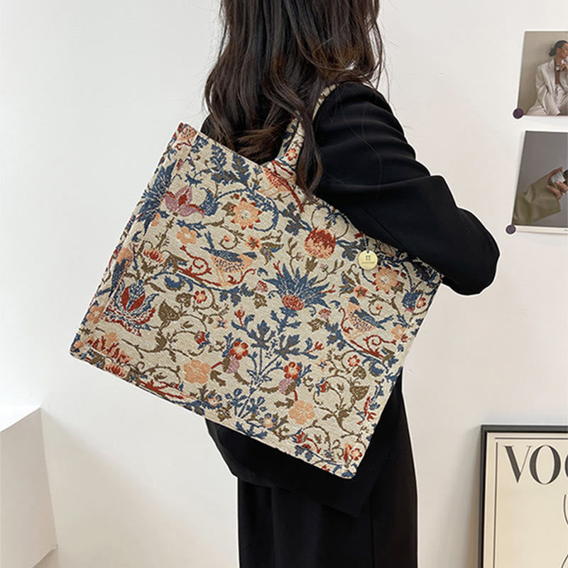 Einkaufstasche für Damen, einfache Retro-Handtasche mit großer Kapazität und Blumenmotiv