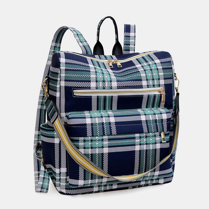 Multifunktionaler, lässiger Damen-Rucksack, Tagesrucksack aus Leder mit kariertem Muster und Schultergurt