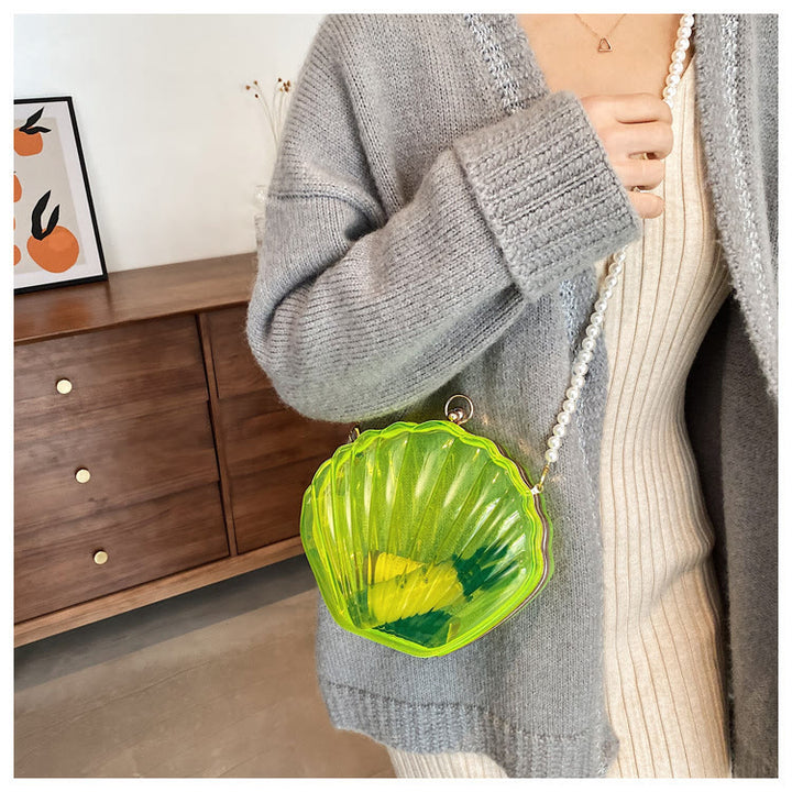 Umhängetasche für Damen mit Perlenkette und Clip, transparente Tasche