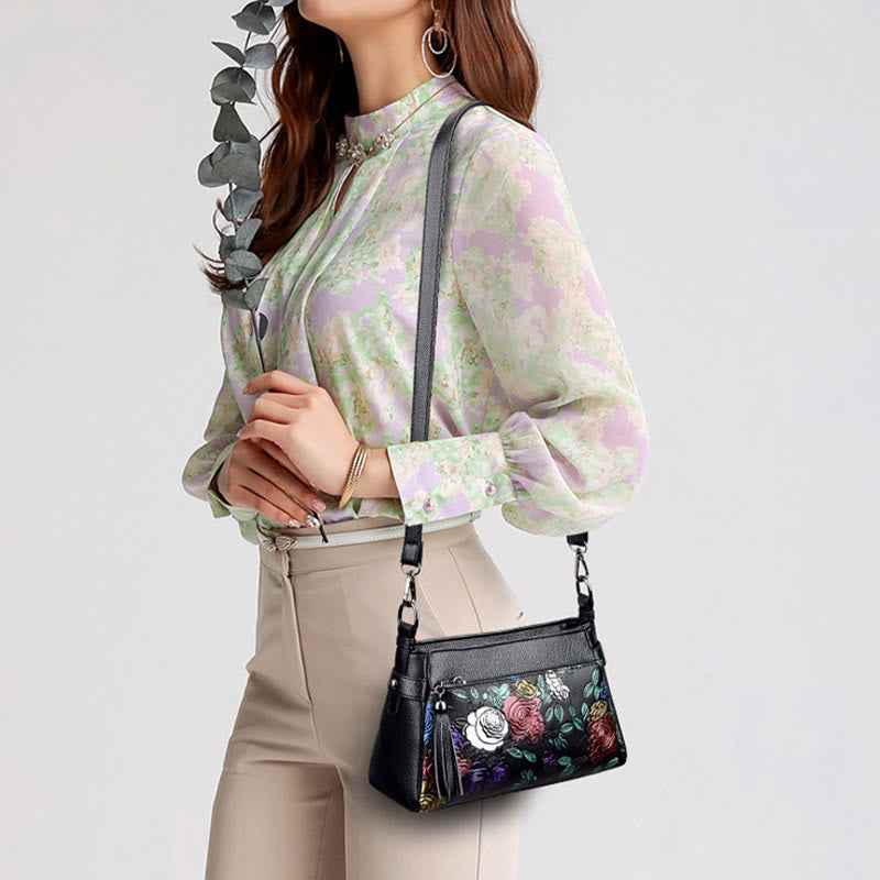 Umhängetasche mit Blumenmuster für Damen, Geldbörse mit Quaste und Libellen-Print