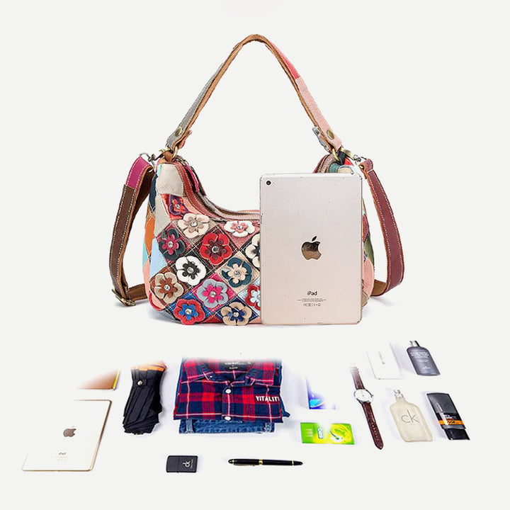 Mehrfarbige Boston-Tasche aus echtem Leder mit Blumenmuster, Hobo-Tragetasche, Umhängetasche