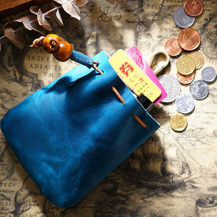 Vintage Münzgeldbörse Echtleder Beutel Brieftasche Kordelzug Aufbewahrungstasche