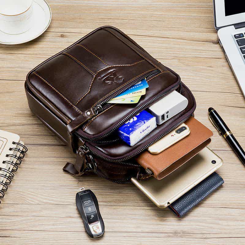Kleine Umhängetasche aus echtem Leder mit mehreren Taschen, Schultertasche, Reisetragetasche
