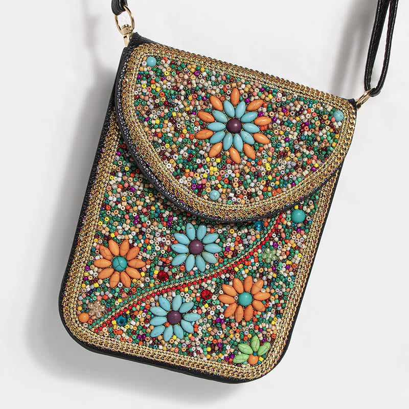 Bohemian Handytasche Damen Muschel Blumen Muster Magnetische Umhängetasche