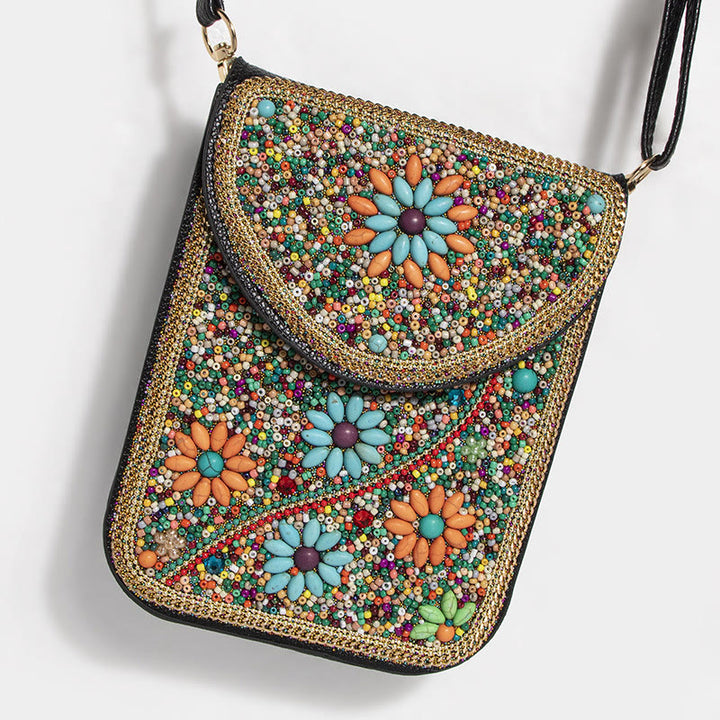 Bohemian Handytasche Damen Muschel Blumen Muster Magnetische Umhängetasche