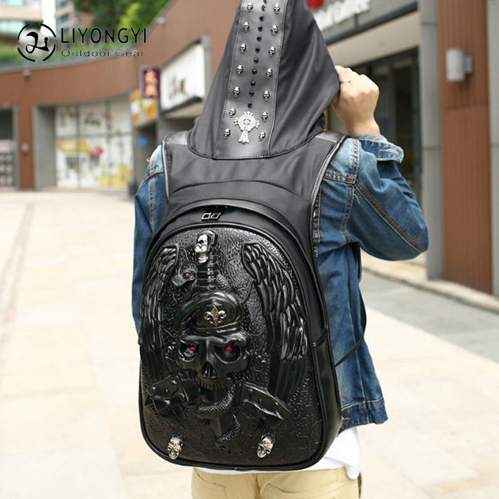 3D-Totenkopf-Rucksack, Gothic-Nieten, Laptop-Rucksack mit Kapuzenmütze
