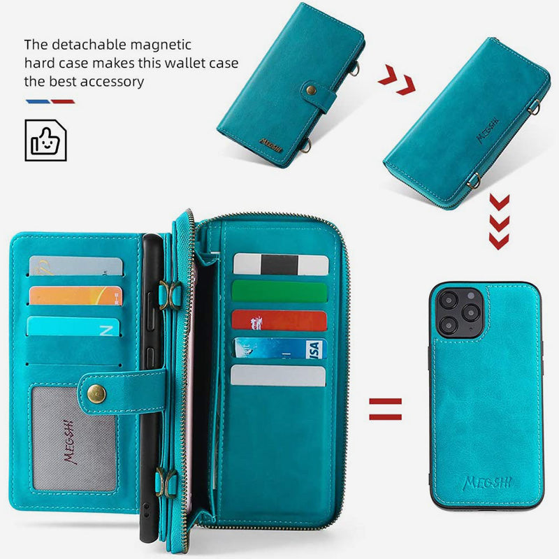 Brieftaschenhülle für iPhone Samsung [2 in 1] Magnetische abnehmbare Geldbörse [Crossbody-Kette] Folio Flip Card Solt Protection Back Cover