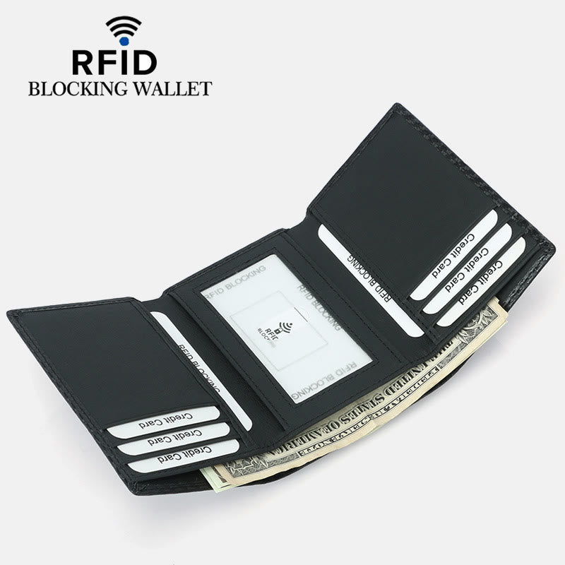 Dreifach gefaltete Herren-Geldbörse aus Leder mit RFID-Blockierung, minimalistisches Kohlefaser-Muster