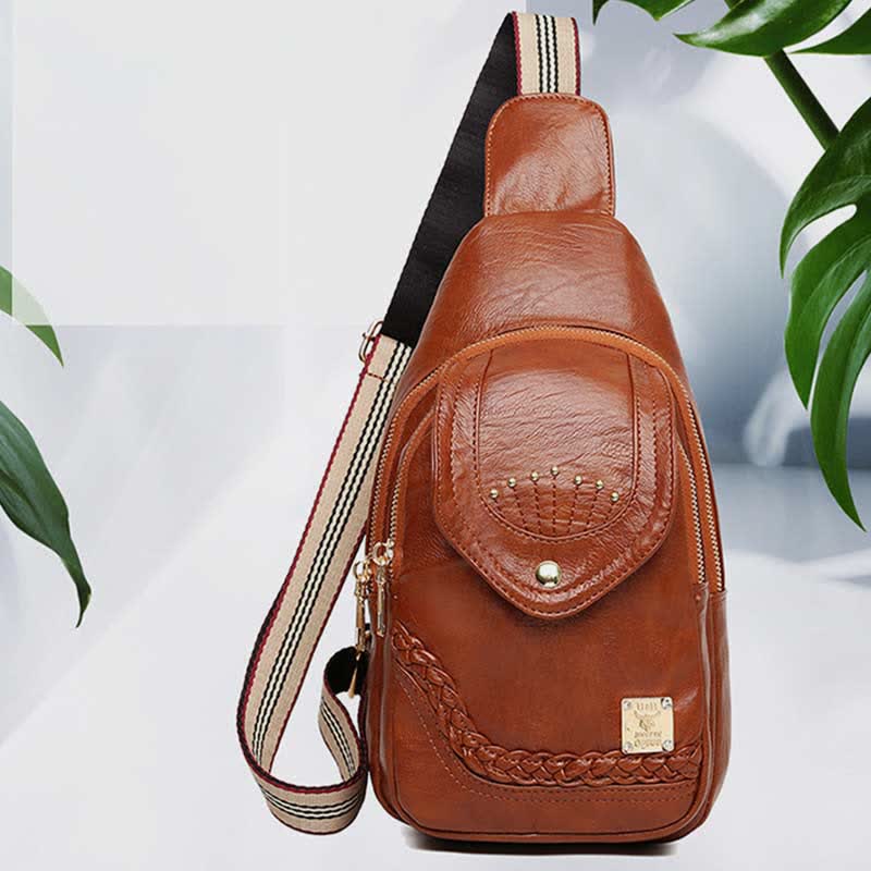 Kleiner Sling-Rucksack aus Kunstleder, Mehrzweck-Brusttasche mit Doppelreißverschluss, Rushsack