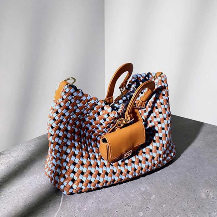 Handtasche für Damen, gewebte Umhängetasche aus Leder mit großem Fassungsvermögen