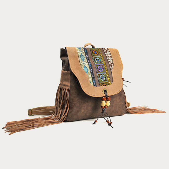 Rucksack für Damen im ethnischen Stil mit Druck und Quaste, Tagesrucksack aus Leder