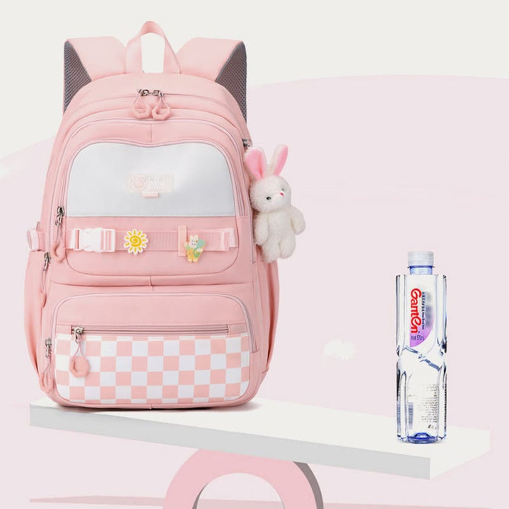 Rucksack für Damen, kariertes Muster, helle Farbe, einfache Schultasche