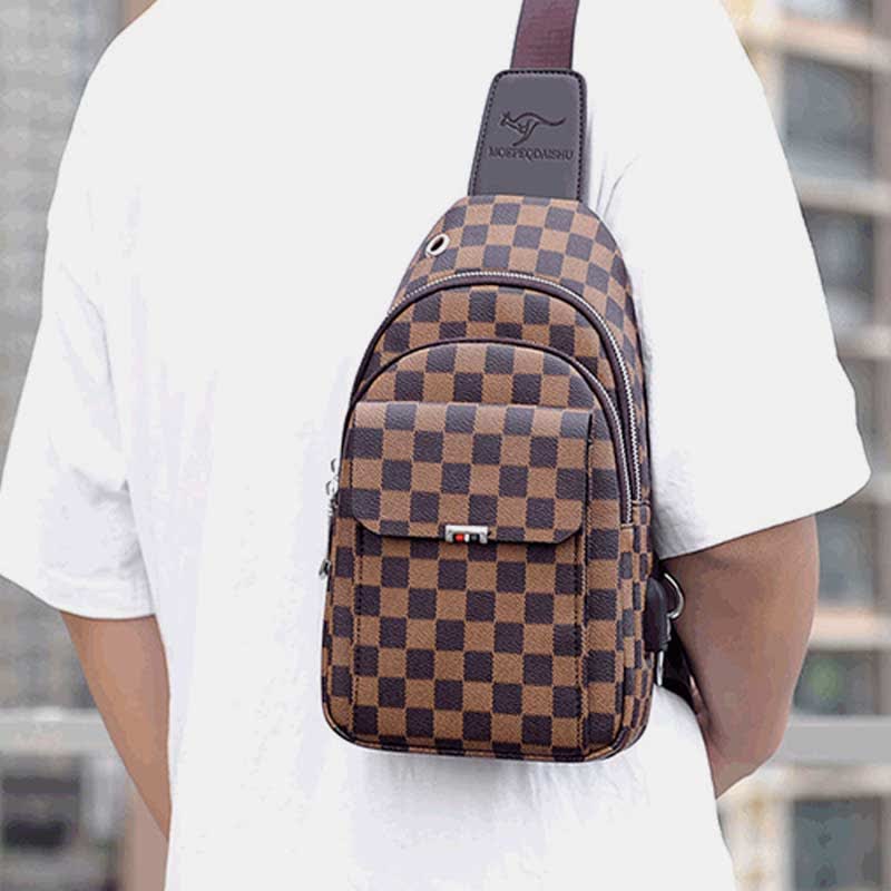 Mehrzweck-Schultertasche aus lässigem, kariertem Leder für Herren, Umhängetasche, Schulterrucksack