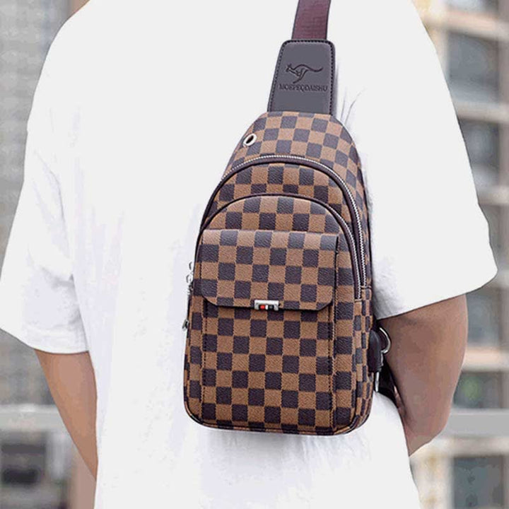 Mehrzweck-Schultertasche aus lässigem, kariertem Leder für Herren, Umhängetasche, Schulterrucksack